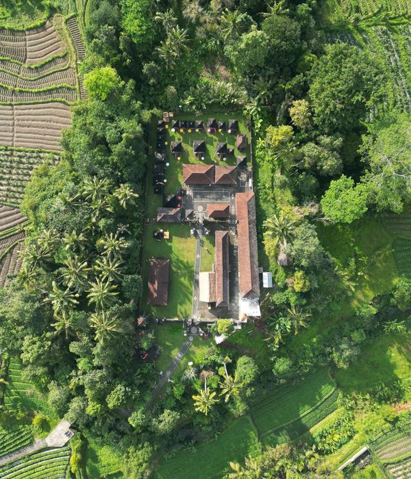 Tropical cartoon illustration of Indonesia Bali with traditional temple and green rice terraces